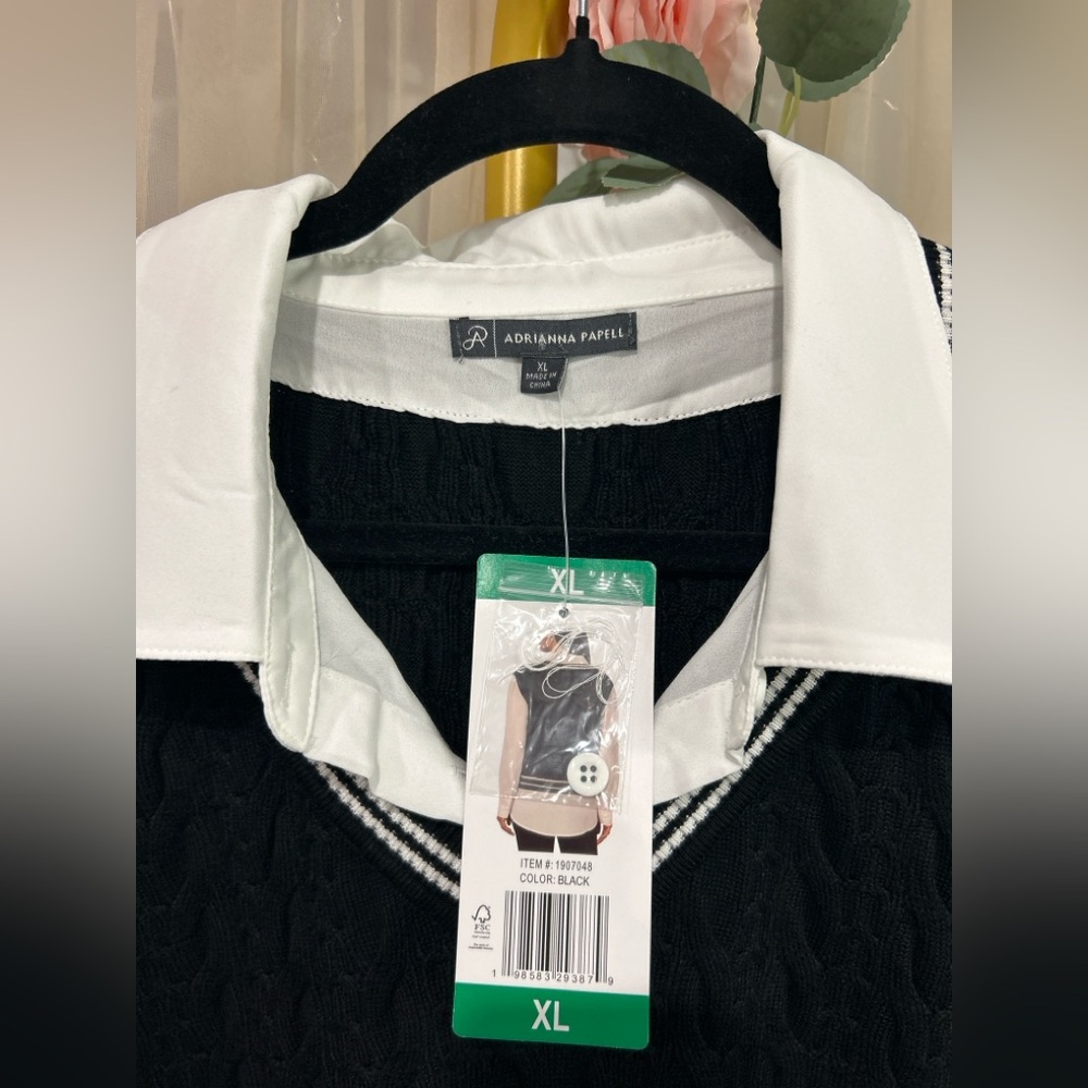 Adrianna Papell Layered Sweater Vest Blouse XL Black White Preppy knit top NWT - Picture 2 of 4